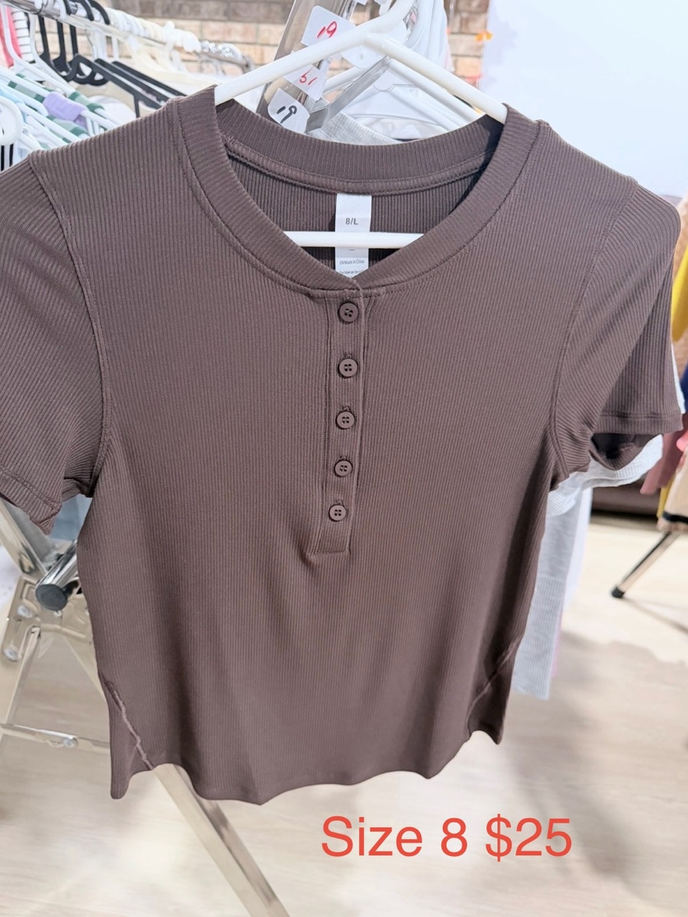Ribbed Henley Tee - Brown